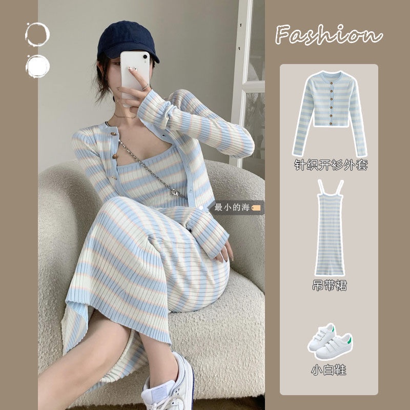 Shifon blus sweet keinginan angin rajutan bergaris suspender dress suit perempuan perlindungan