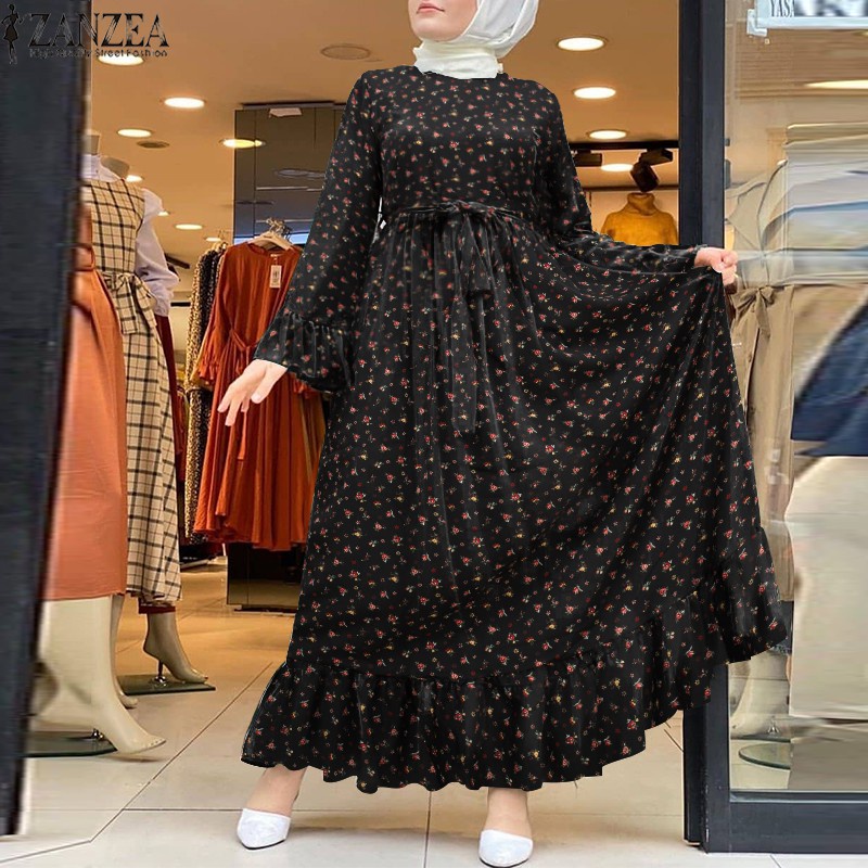 ZANZEA Women Casual Long Sleeve Floral Printing Muslim Long Dress