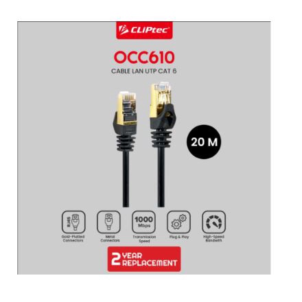 Cable lan cliptec 20 meter cat 6 sstp shield metal gold gigabit occ610 occ-610 - Kabel internet rj45 20m cat6 1000Mbps