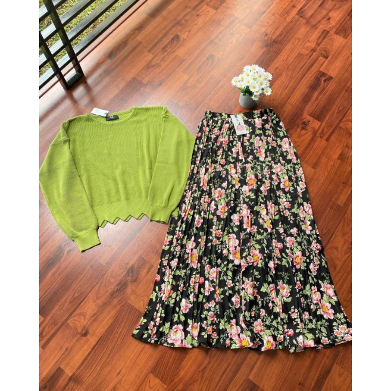 skirt knitwear motif hijau - set