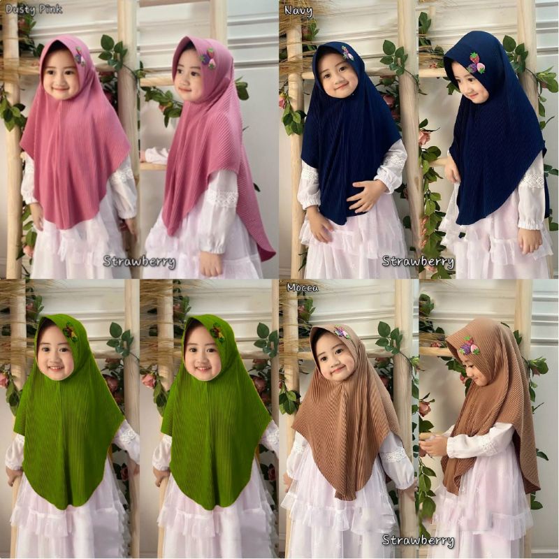 JJ - JILBAB ANAK AFIKA STRAWBERRY UMUR 5-10 TAHUN HIJAB PLISKET REMPEL / KERUDUNG ANAK INSTAN BAHAN 