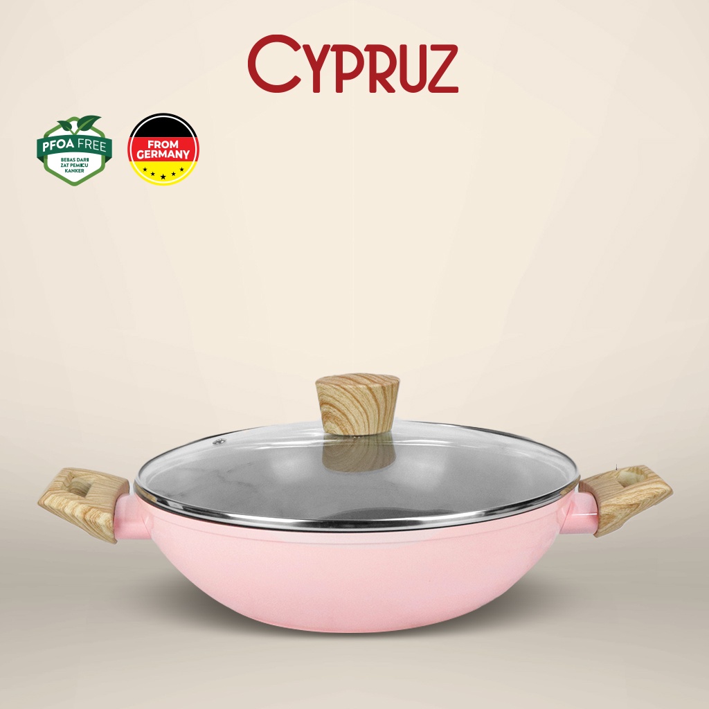 Cypruz Pink Ceramic Wok Pan / Kuali Anti Lengket + Tutup