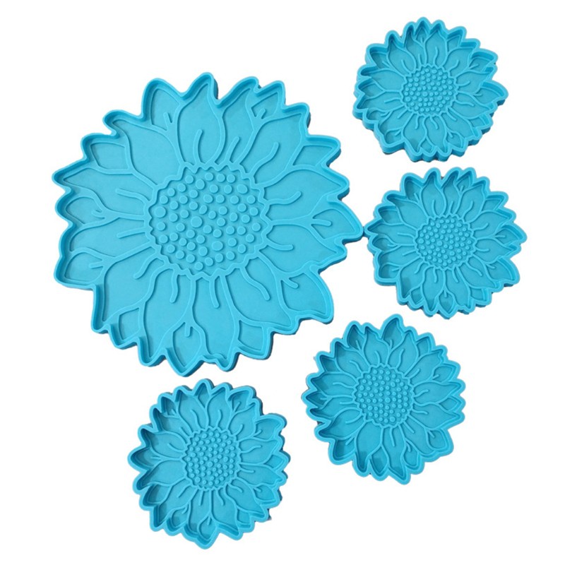 Glitter 5 Pcs Sun Flower Tray Epoxy Resin Mold Serving Plate Casting Silicone Mould DIY Crafts Cup Mat Making Tool