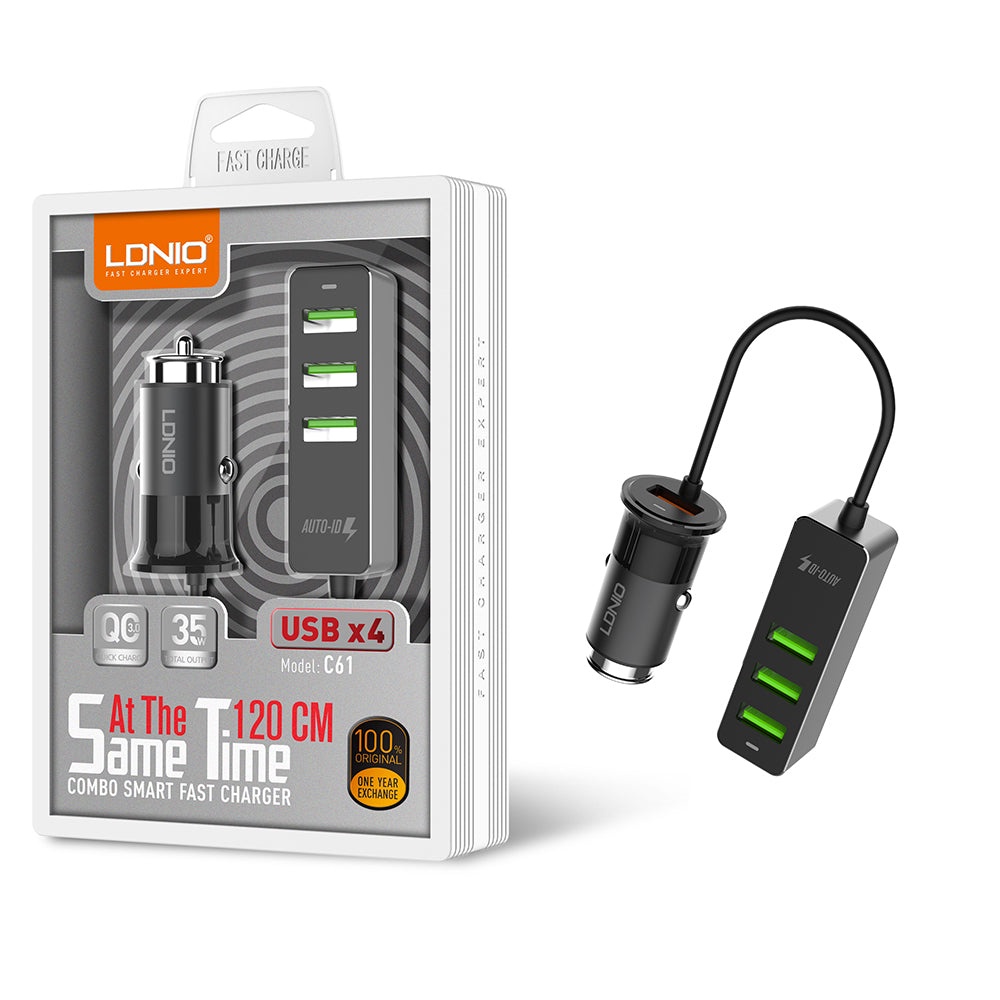 CAR CHARGER LDNIO C-61 ORIGINAL 2.4A FAST CHARGING 4 SLOT USB SUPPORT