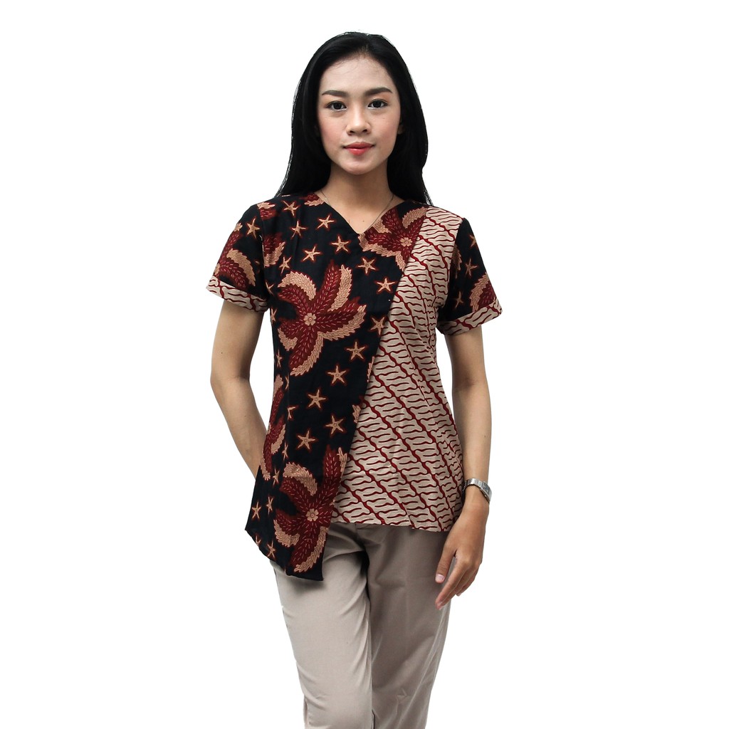 Atasan Batik Wanita  Blouse  Modern Kekinian Size  S-M-L-XL-XXL-3L-4L-5L - Bintang Parang-PENDEK
