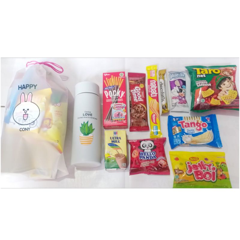 PAKET SNACK ULANG TAHUN ANAK BOTOL MINUM KACA GOODIE BAG ULTAH ANAK / SNACK HADIAH / PAKET SANTUNAN 