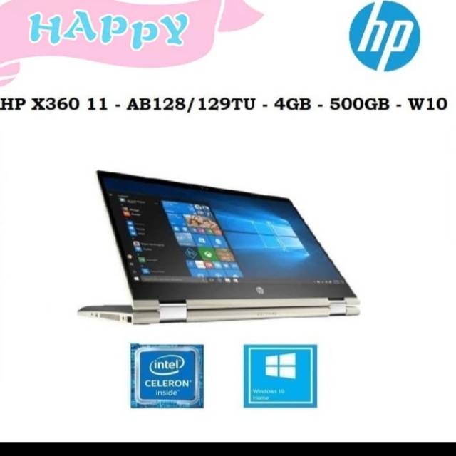 Laptop HP 11 X360 conbertible N4000 Hdd 500gb Ram 4gb Win10 HD AB128TU Hitam