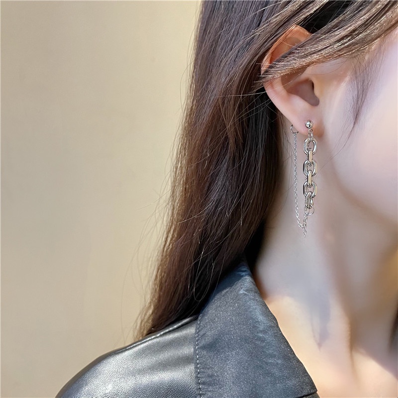 Anting Stud Rantai Rumbai Asimetris Gaya Korea