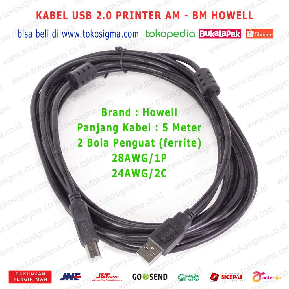 KABEL USB 2.0 PRINTER AM-BM 5 Meter Howell 28 AWG USB Printer komputer