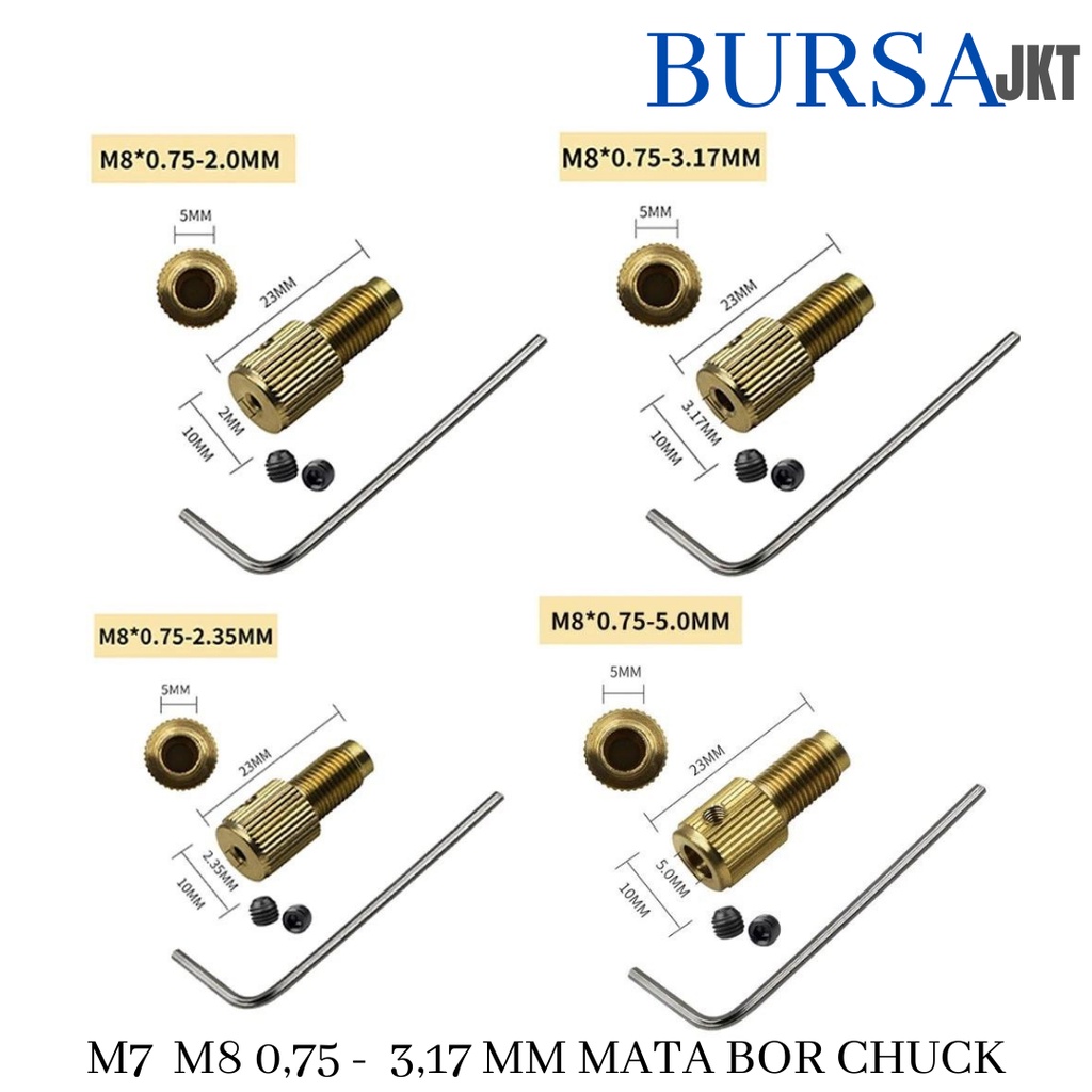 DRILL CHUCK DC MOTOR M7 M8 0.75  MM + BAUT SHAFT + KUNCI HEX ADAPTER KEPALA BOR MINI TUNER