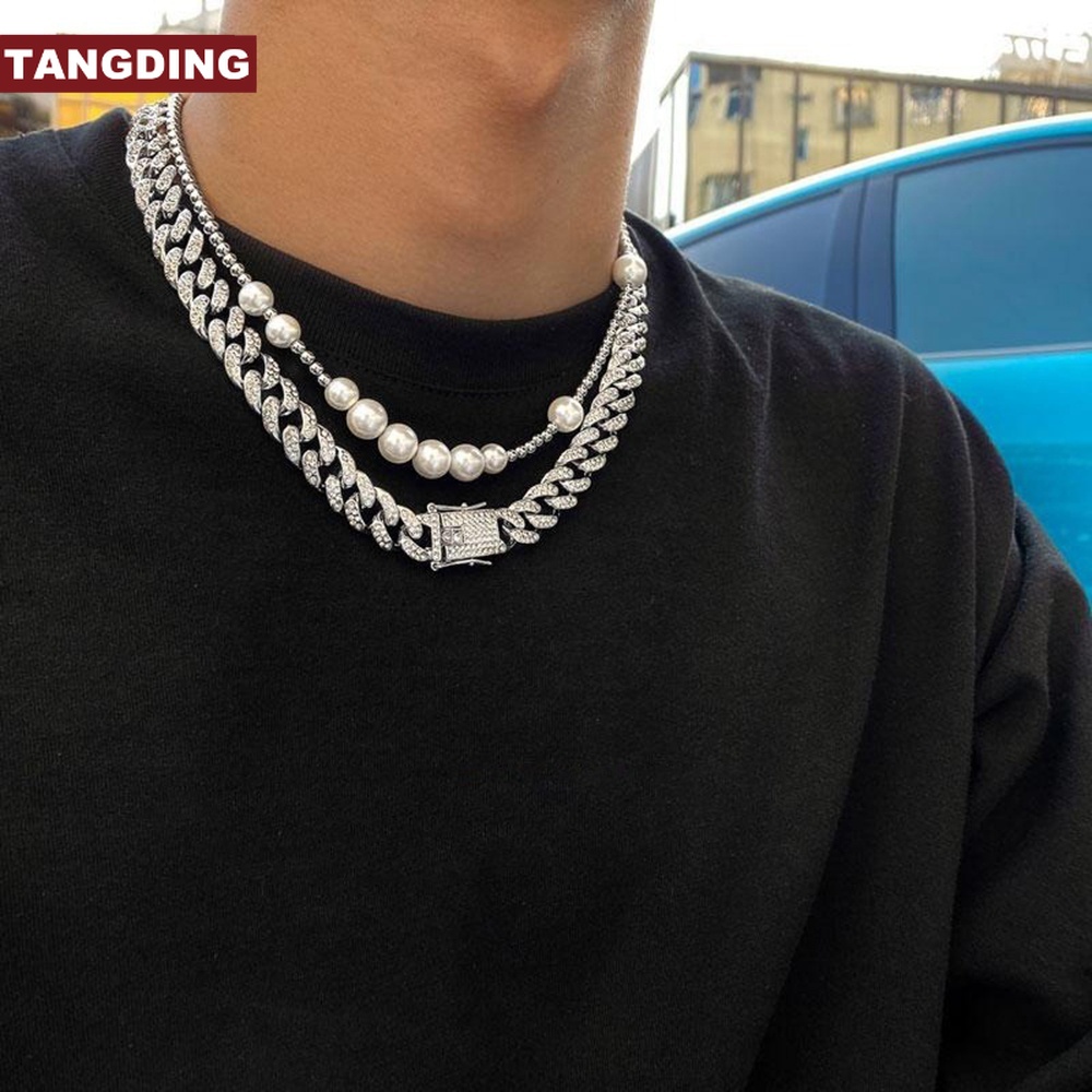 【COD Tangding】Kalung Rantai Berlian Model Datar Gaya Hip Hop Untuk Pria