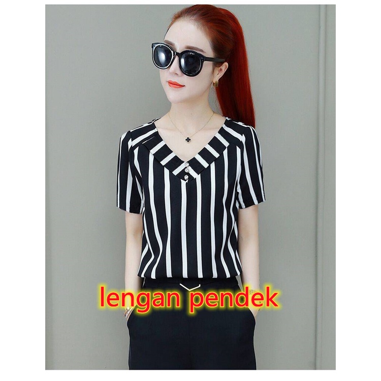 NEW Blus Wanita Fashion Lengan Pendek Slim Fit Bergaris V-Neck Sifon Pakaian Atasan S-3XL