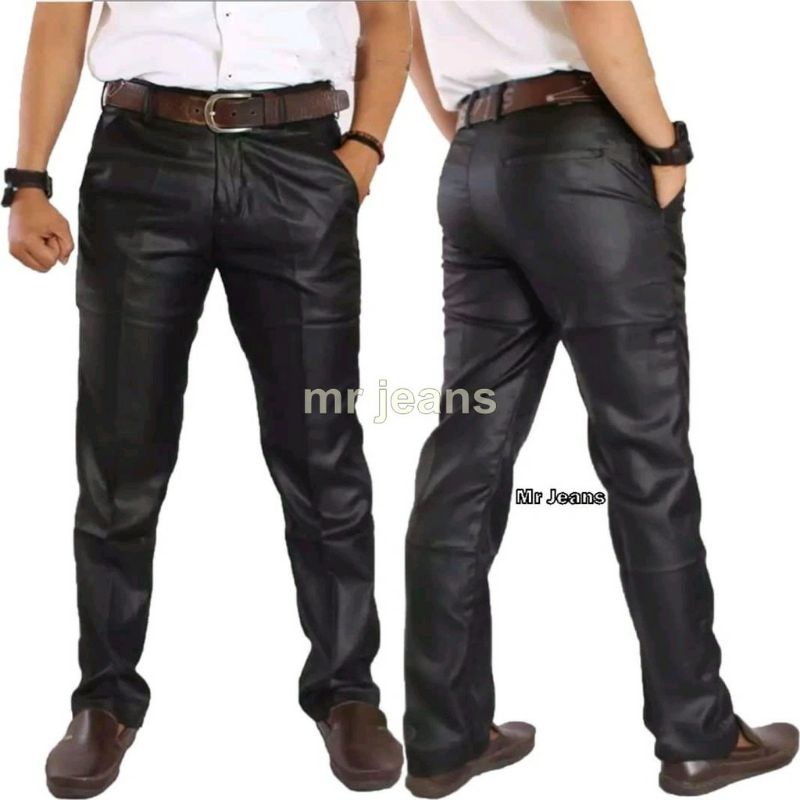 Celana Formal Pria Bahan Mengkilap Slimfit Kerja Dasar Metalik  UKURAN jumbo 40-44 Navy Hitam Abu silver