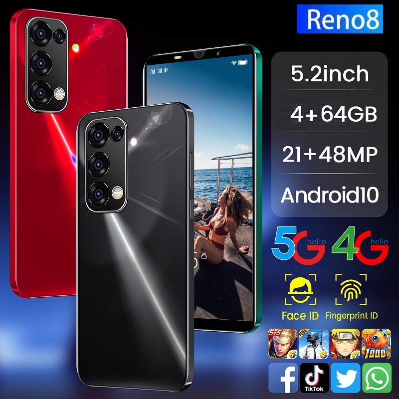 【COD】5.2 Inci 4+64GB Handphone Promo Reno8 Android 10.0 21MP+48MP Face ID Fingerprint ID Hp Murah Cu