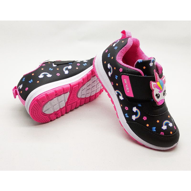 ANDO - SEPATU SNEAKERS ELINA VELCRO ANAK TERBARU / SEPATU ANDO GIRLS SNEAKER MOTIF MINICORN VELCRO / ANDO ORIGINAL / SEPATU KETS ANAK PEREMPUAN / SEPATU SNEAKER ANAK-ANAK / SEPATU MINICORN VELRO KIDS 28-32 HITAM PINK