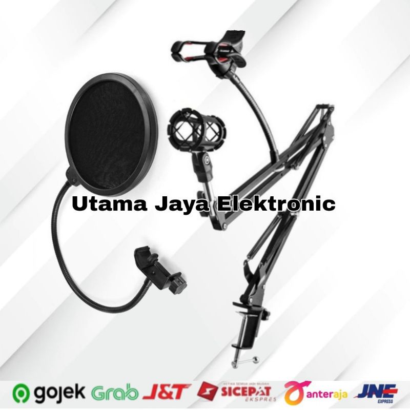 Paket Microphone BM800 Soundcard V8 Bluetooth Stand D6 Phone Holder Pop Filter