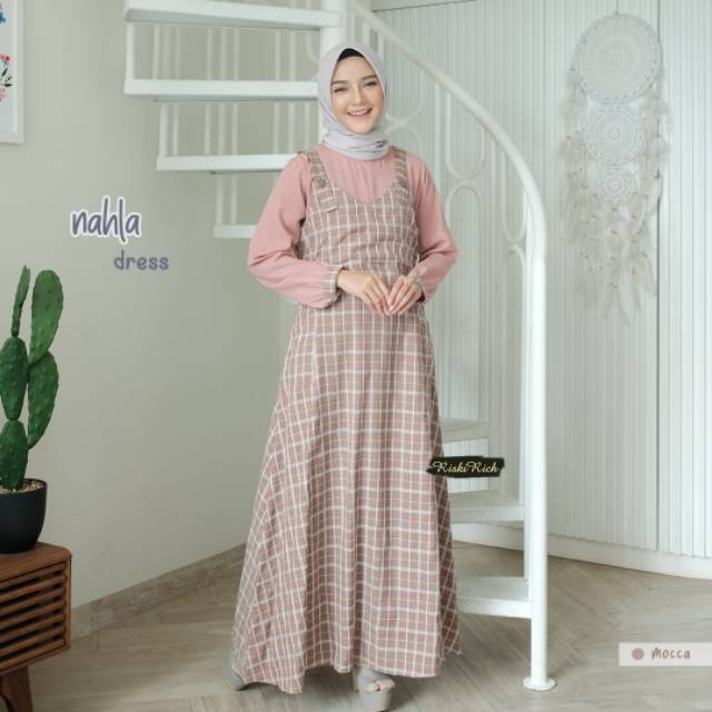 Gamis overal polosl kombinasi motif kotak katun madina wolfis/ gamis nahla riskirih busui murah