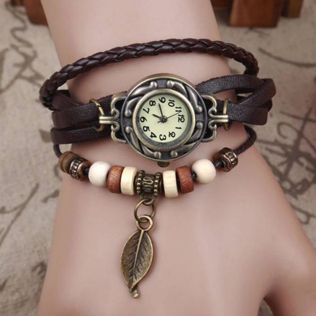 Gelang Kulit Asli Jam Tangan Quartz Keren Unik Vintage untuk Cewek Wanita