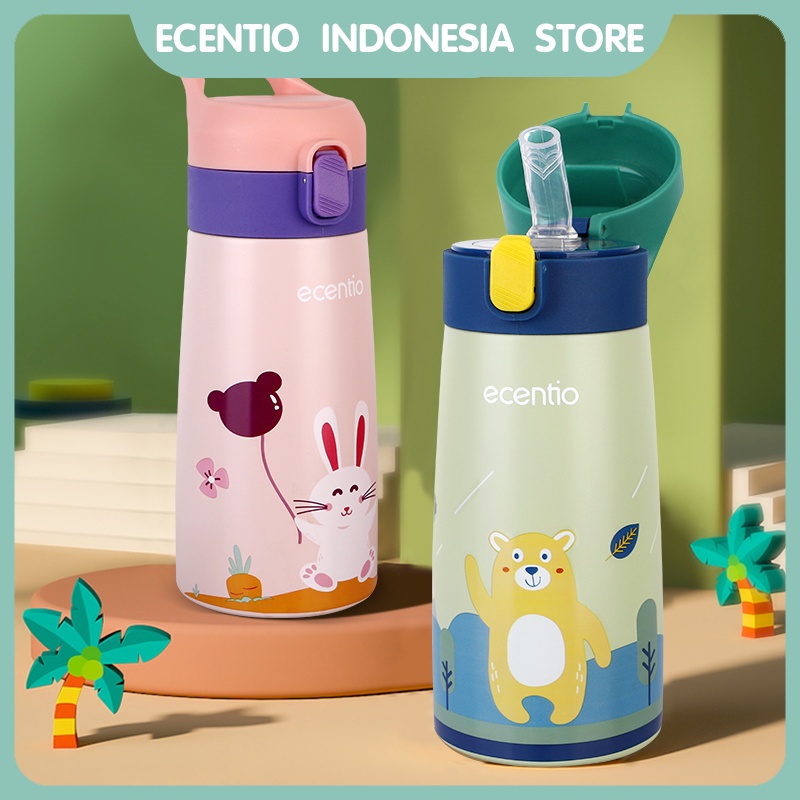 ecentio minum botol sedotan anak 304 cangkir termos Kartun stainless steel 400ml straw sippy cup bubuk silika Merah Muda/Hijau