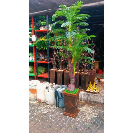 PALEM IMPORT# BUNGA HIAS PLASTIK POHON KELAPA VAS KAYU DEKORASI RUANG SUDUT#GROSIR BUNGA HIAS BUNGA 