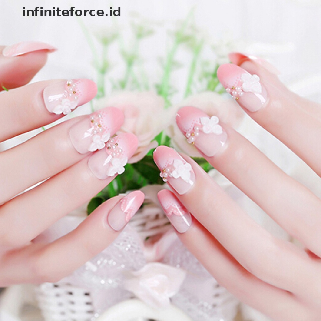 (Infiniteforce.Id) 24pcs / set Kuku Palsu 3d Hias Berlian Imitasi Warna Pink Untuk Pengantin Wanita