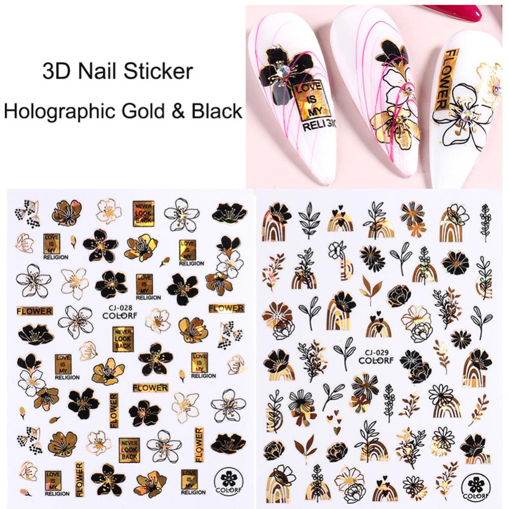 Timekey Stiker Kuku Motif Hewan / Tanaman / Bunga Warna Hitam Bronzing Untuk Dekorasi Nail Art / Manicure A2K1