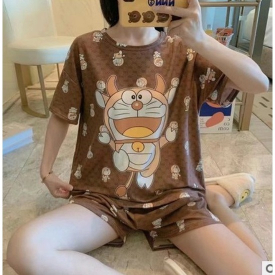 Piyama SET Import Wanita Dewasa Baju Tidur HP Katun Korea Halus babydoll DORAEMON GUCCI (PJ10)