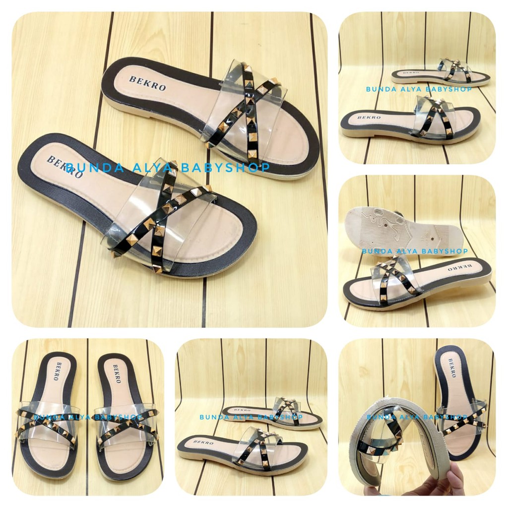 Sandal Wanita Slop Flat Size 36 - 40 HITAM - Sendal Selop Transparan Sandal Flat Wanita OpenToe SALE