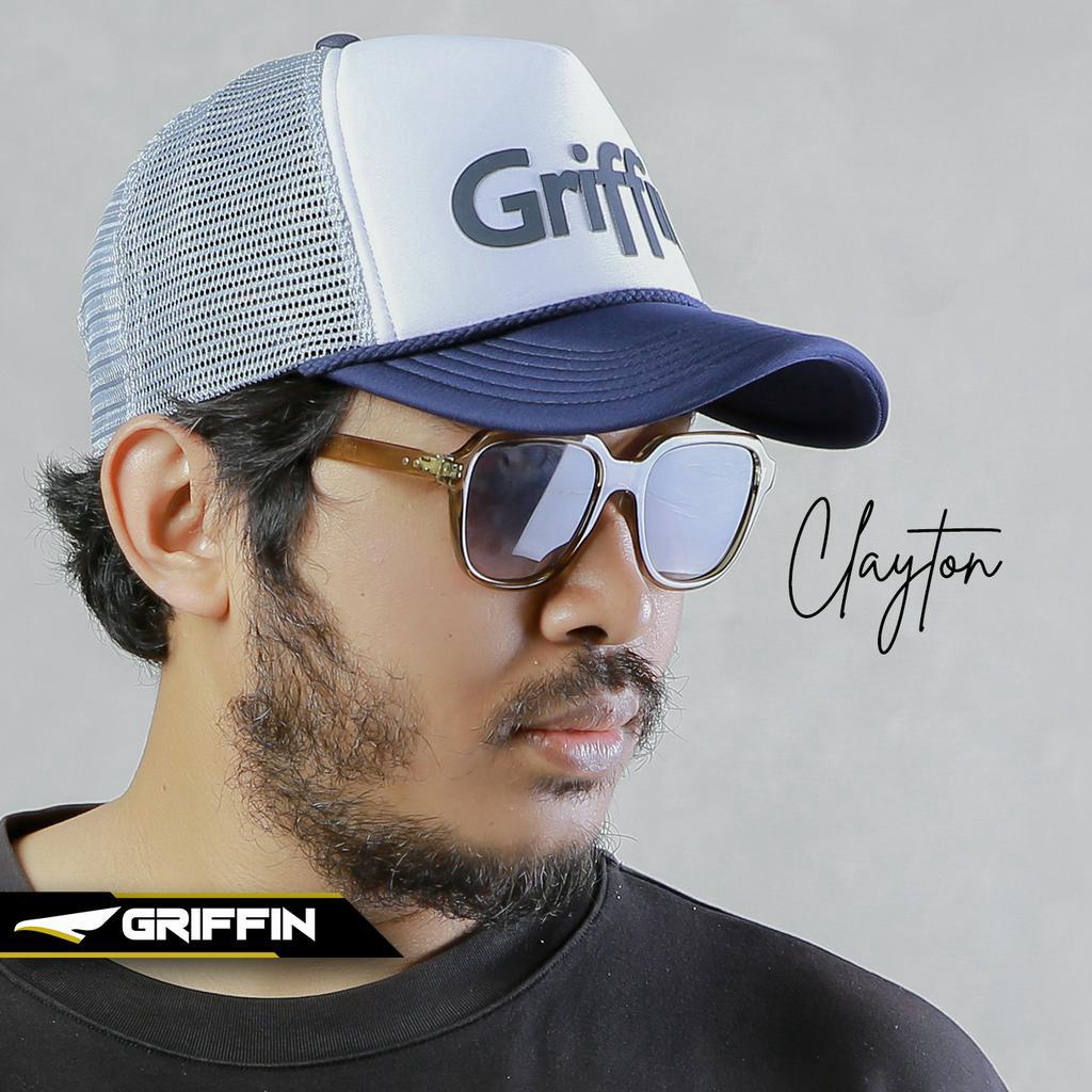 Topi Trucker Pria Wanita Unisex Putih Biru Keren Sablon Hi Density Timbul Clayton by Griffin Apparel