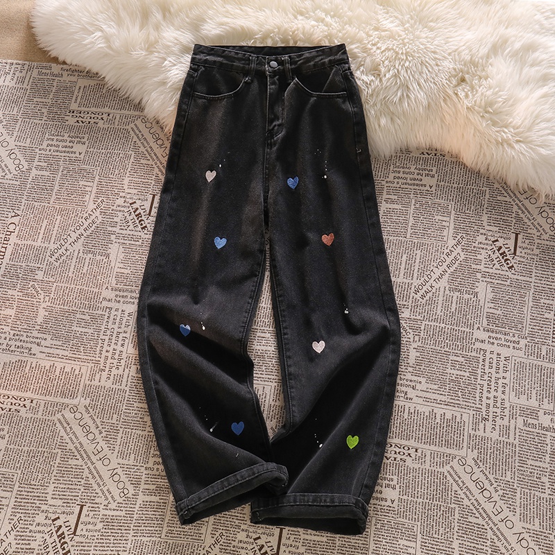 New hitam love embroidery high waist celana jeans panjang wanita