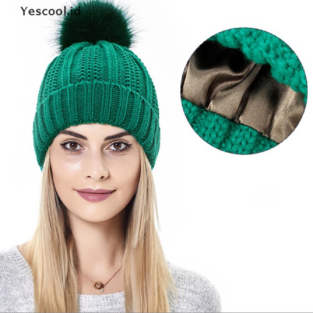 【Yescool】 Warm Satin Lined Skull Cap Soft Stretch Cable Wool Knit Hats Beanie Hat .