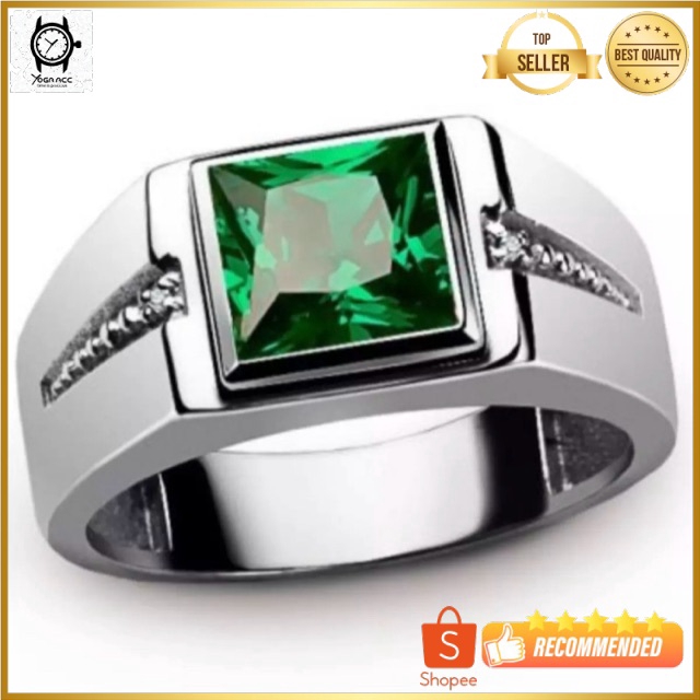 Cincin Perak Kristal Zamrud Cuting Mewah Green Emerald Sterling Silver Simple Elegan Minimalis