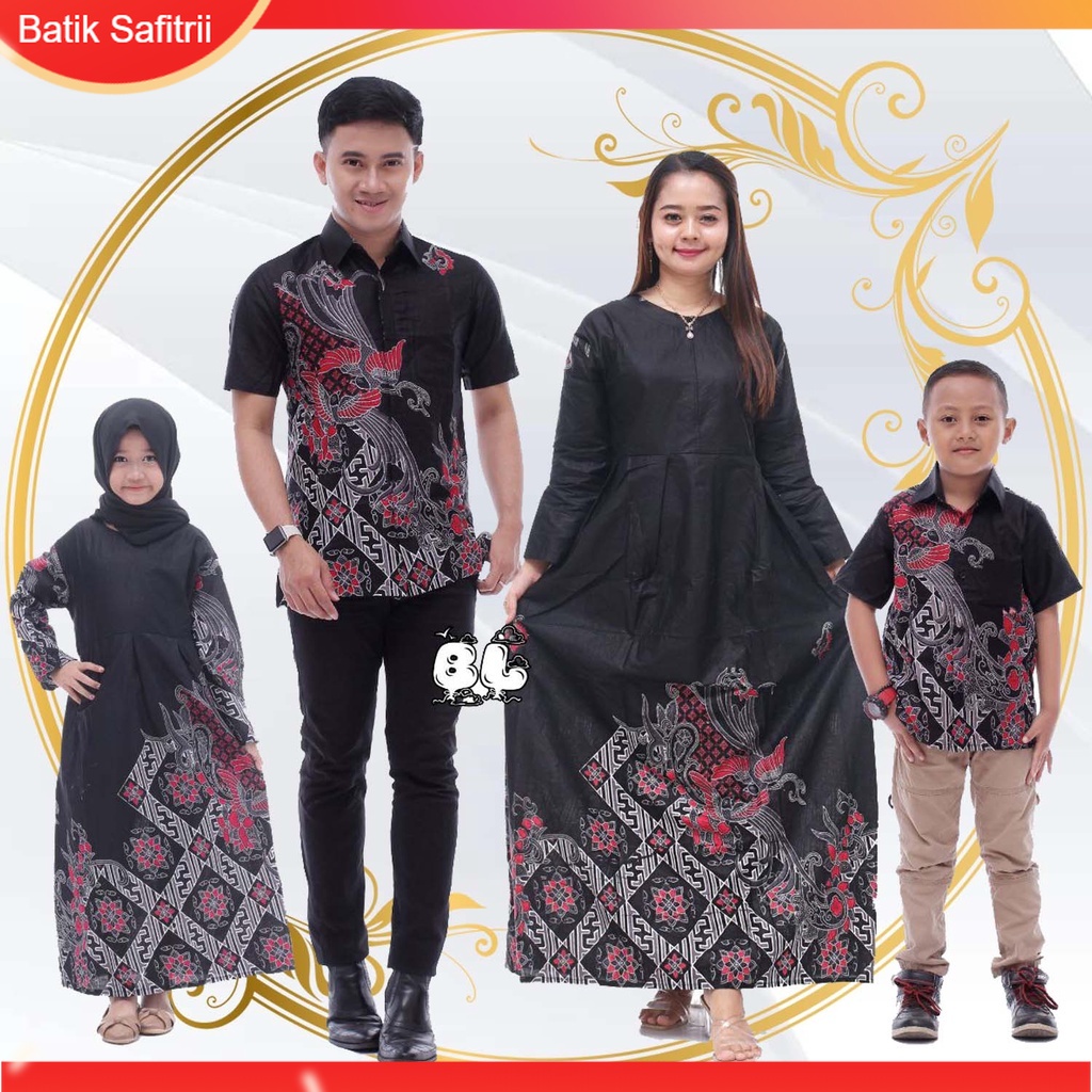 Couple Keluarga - Batik Keluarga Hijab - Ibu Bapak Anak - Motif Burung Kenari Hitam - Dress Tunik Bl