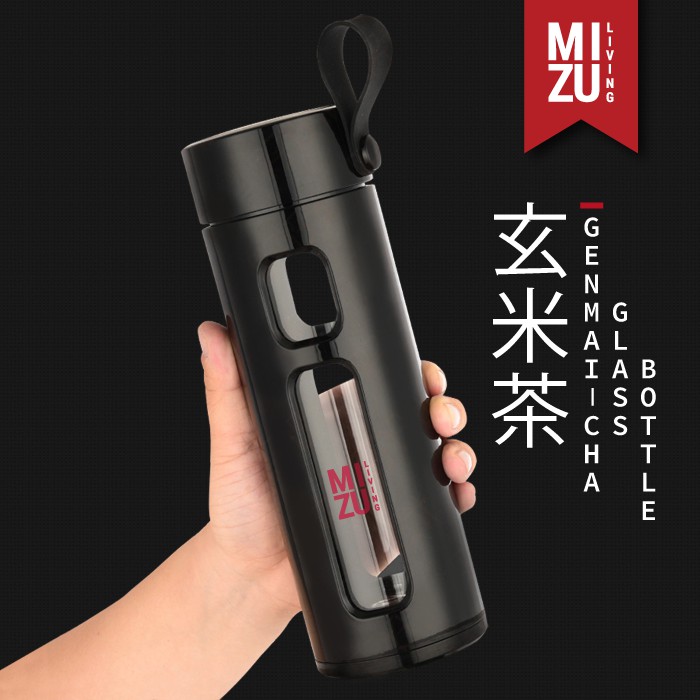 DISKON - GENMAI-CHA GLASS WATER BOTTLE BOTOL AIR MINUM KACA TUMBLER TEH 600ML - BLACK