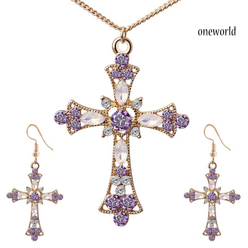 OW@ Women Rhinestone Inlaid Cross Pendant Chain Necklace Hook Earrings Jewelry Set