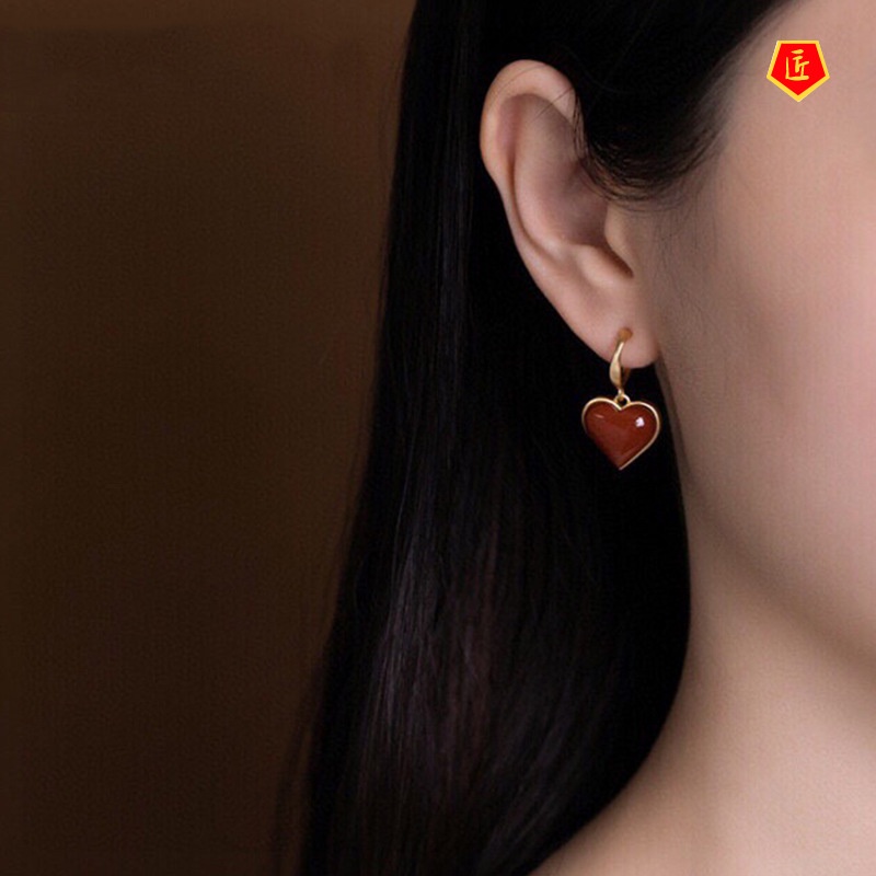 [Ready Stock]Elegant Heart-Shaped Natural South Red Agate Gold Earrings