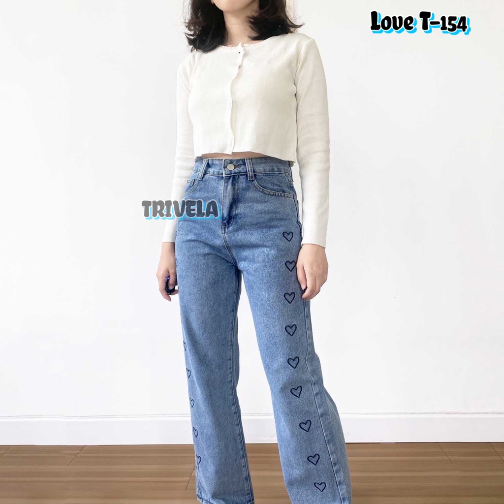 Korea Love Jeans / Celana Jeans Panjang Model Longgar / Jeans Motif Love / High Waist Gaya Korea / Kulot Loose Love / t154