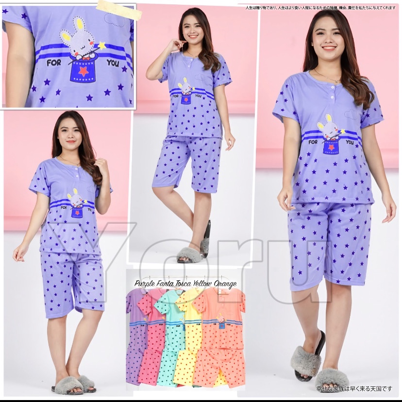 Pamelo.id Stelan C3/4 Baby Doll / Suplier Sleep Wear / Baju Tidur Wanita kaos Katun / Stelan Baju Tidur Murah Produk Terlaris Set HP-Rabbit star ungu