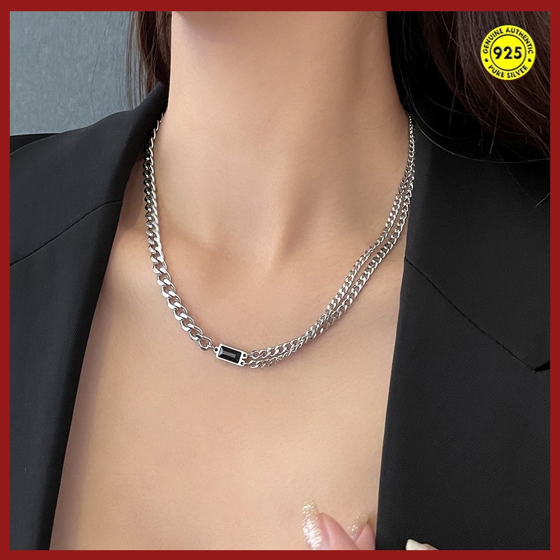 Kalung Rantai Sterling Silver 925 Dengan Liontin Batu Onyx Hitam Bentuk Kotak Untuk Wanita