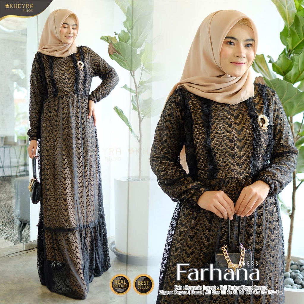 FARHANA DRESS BY KHEYRA / GAMIS BERBAHAN BROKAT LACE IMPORT QUALITY / MAXI DRESS WARNA HITAM