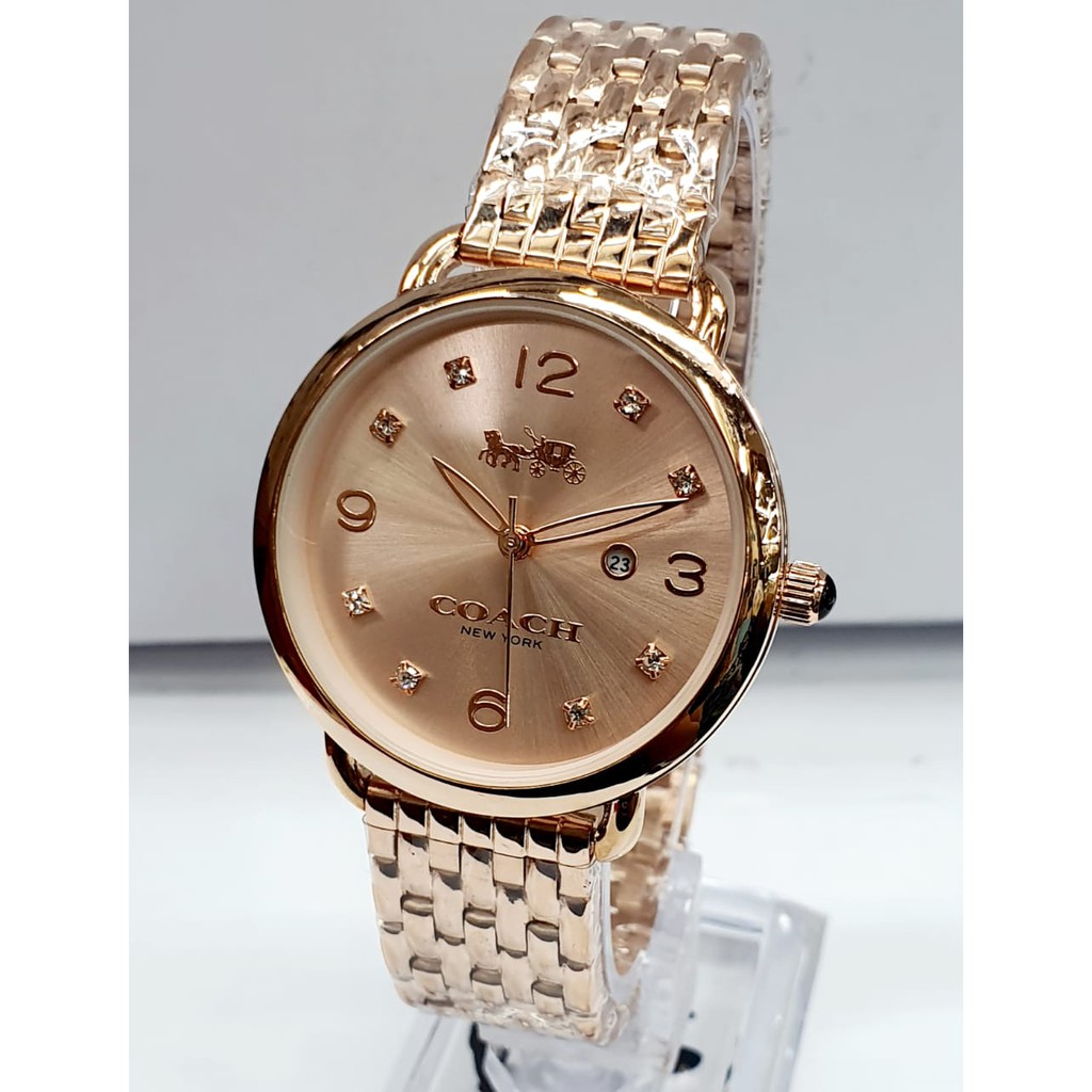 JAM TANGAN WANITA COACH RANTAI STAINLESS TANGGAL AKTIF DIAMETER 3,5 CM