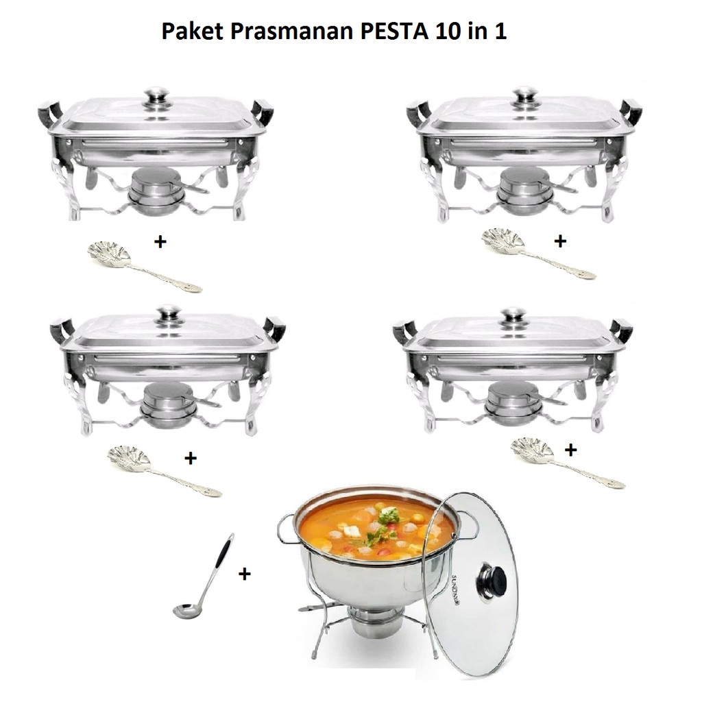 PAKET PRASMANAN PESTA STAINLESS DENGAN PEMANAS 10 PCS