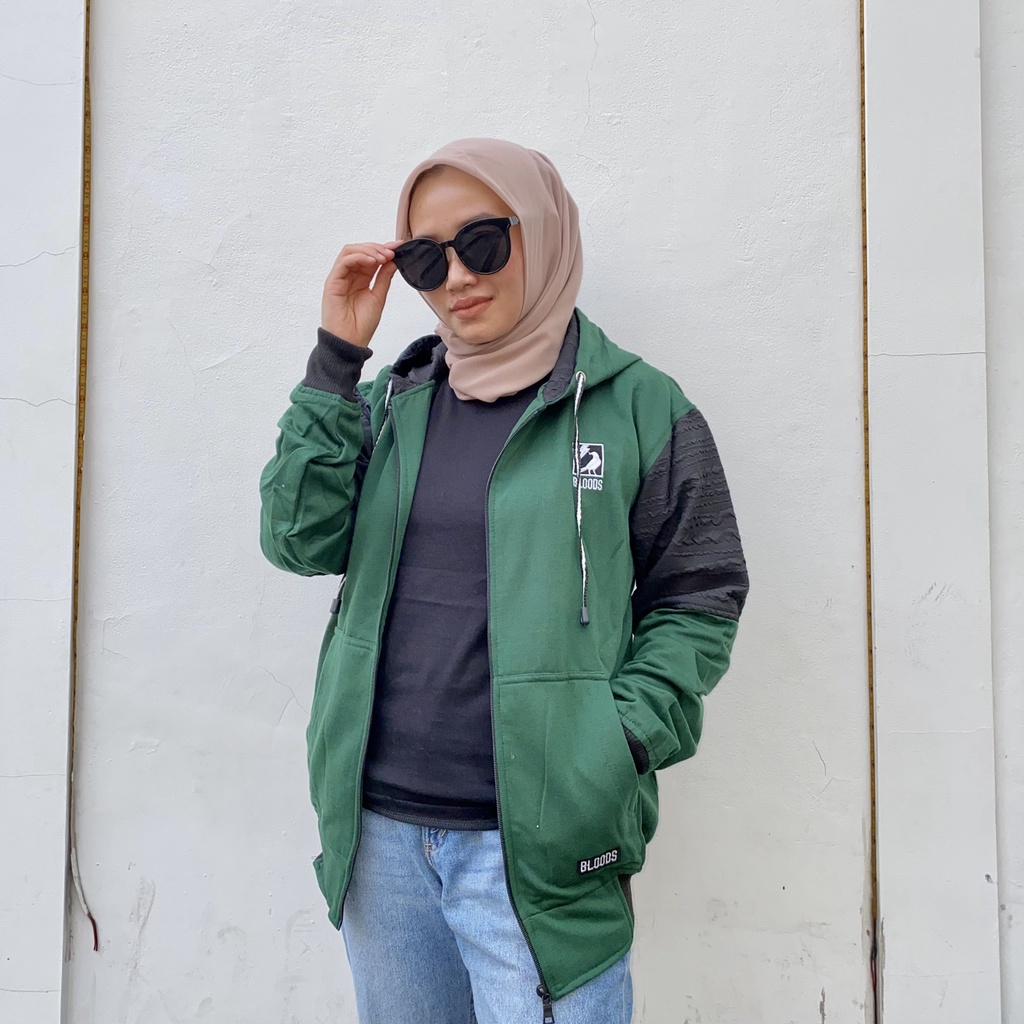 Jaket Sweater Zipper Bordir Kombinasi Qwilting EMERALD BLDS