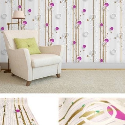 Wallpaper Dinding Motif Ranting Polkadot Ungu Ukuran Panjang 10Meter x Lebar 45CM