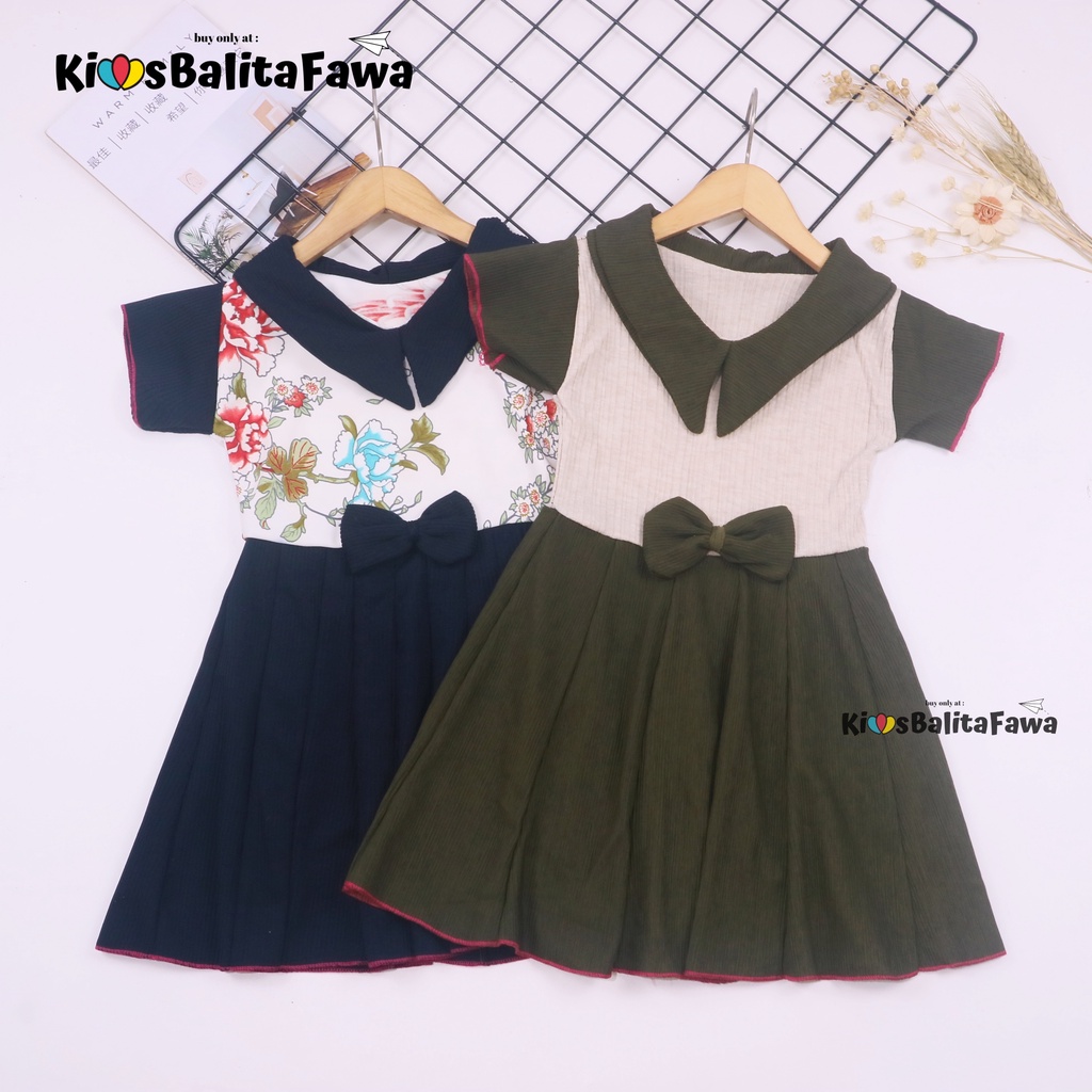 Dress Aqila uk 1-2 Tahun / Model Kerah Lengan Polos Batik Bunga Baju Anak Perempuan Cewek babycinnamon