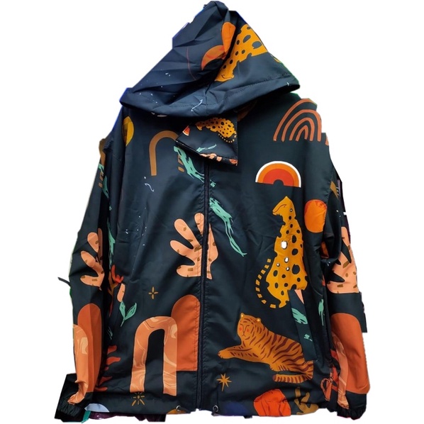 JAKET PARASUT PRINTING WANITA ANTI AIR WATERPROOF free masker OLAHRAGA SEPEDA-Animal black