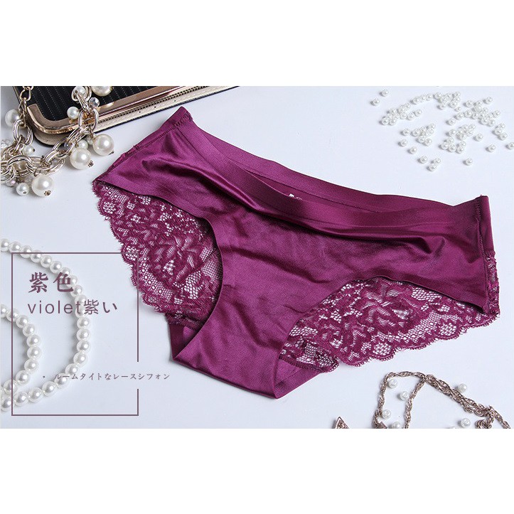 - BISA COD - PREMIUM QUALITY Celana Dalam Wanita Women Panties Renda Lace Sutra Silk Seamless Sexy-Violet