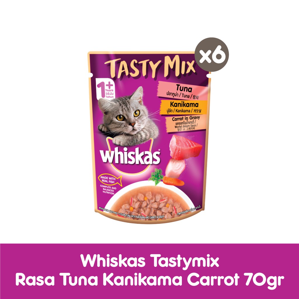 WHISKAS® Tasty Mix Makanan Kucing Basah Pouch 70gr - Isi 6-Tuna Kanikama Carrot