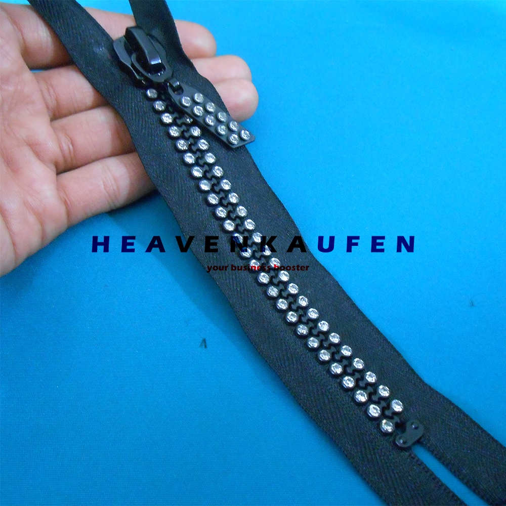 Resleting Zipper Busana 15 cm Warna Hitam Variasi Hias Permata Imitasi