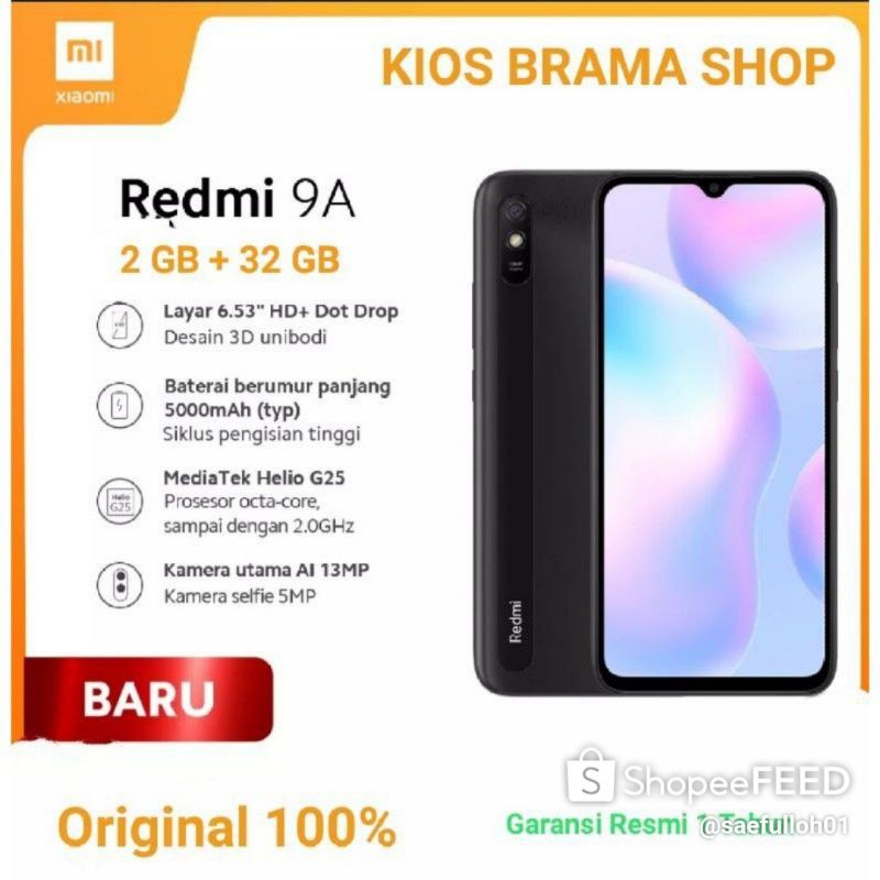 XIAOMI REDMI 9A [ 2GB + 32 GB ] / REDMI 9A 2/32 GB - Garansi Resmi-Varian/Warna